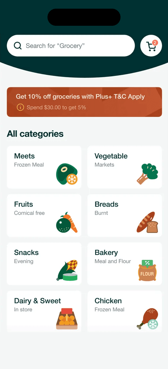GroCart app showing grocery categories
